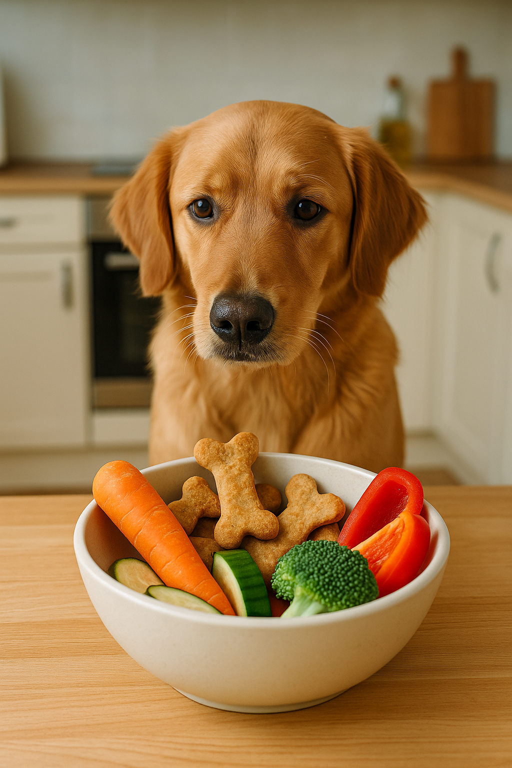 Hund sitzt vor Napf, der gefüllt ist mit Leckerli und Gemüse Hund sitzt vor Napf, der gefüllt ist mit Leckerli und Gemüse